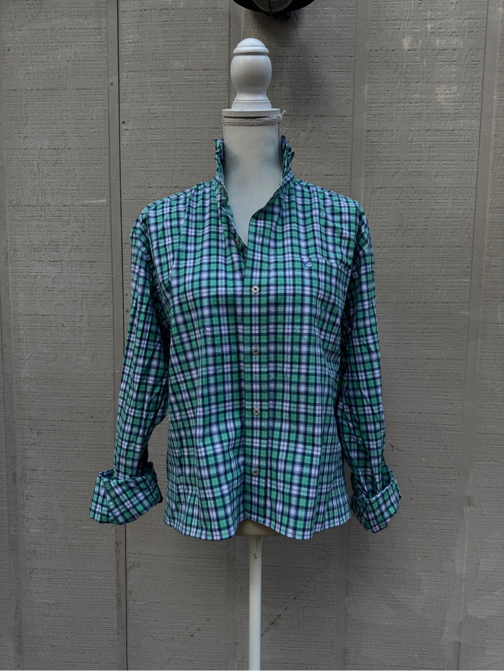 Southern Tide Green & Blue Plaid Refashioned Ruffled Neck Crop Button-Down Shirt